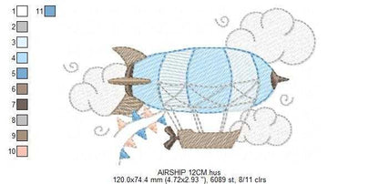 Airship embroidery design - Dirigible Zeppelin machine embroidery pattern - Baby Boy and Girl file - Instant digital download pes jef dst - Marcia Embroidery