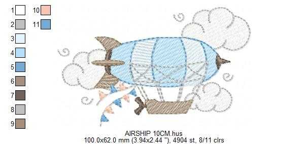 Airship embroidery design - Dirigible Zeppelin machine embroidery pattern - Baby Boy and Girl file - Instant digital download pes jef dst - Marcia Embroidery