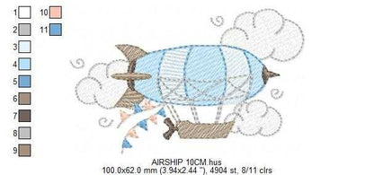 Airship embroidery design - Dirigible Zeppelin machine embroidery pattern - Baby Boy and Girl file - Instant digital download pes jef dst - Marcia Embroidery
