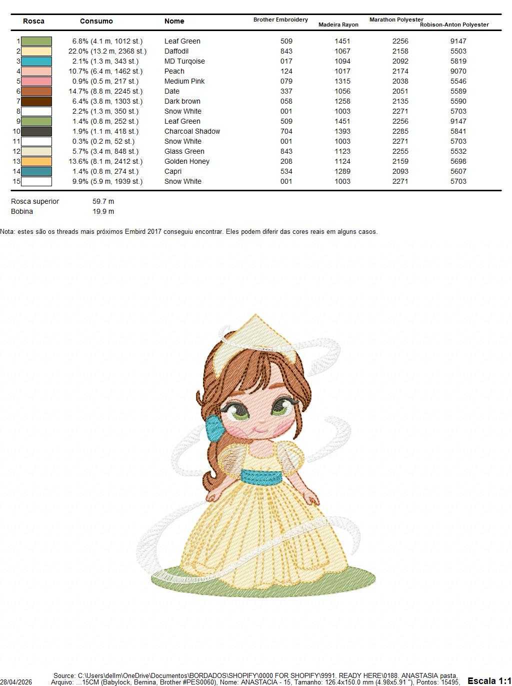 Anastasia embroidery design - Disney Princess machine embroidery patterns - Baby girl file - Instant digital download pes jef dst - Marcia Embroidery