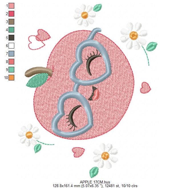 Apple embroidery designs - Fruit machine embroidery pattern - Kitchen Towel Apple with glasses file - Instant digital download pes jef dst - Marcia Embroidery