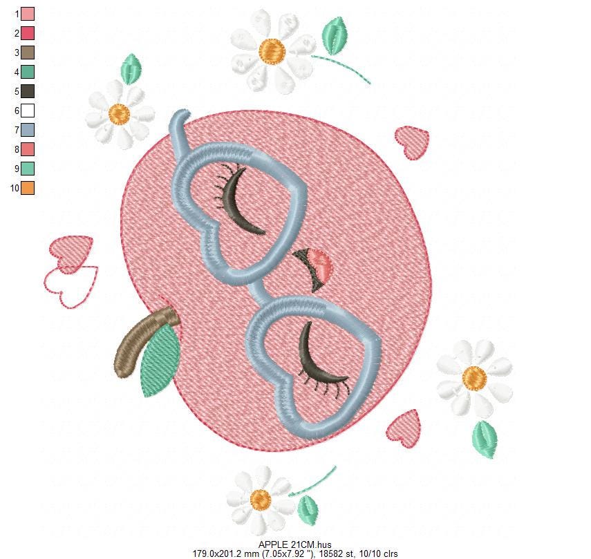 Apple embroidery designs - Fruit machine embroidery pattern - Kitchen Towel Apple with glasses file - Instant digital download pes jef dst - Marcia Embroidery