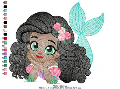 Ariel embroidery design - Disney Princess machine embroidery patterns - Baby Girl with Black Curly Hair - Instant digital download - Marcia Embroidery