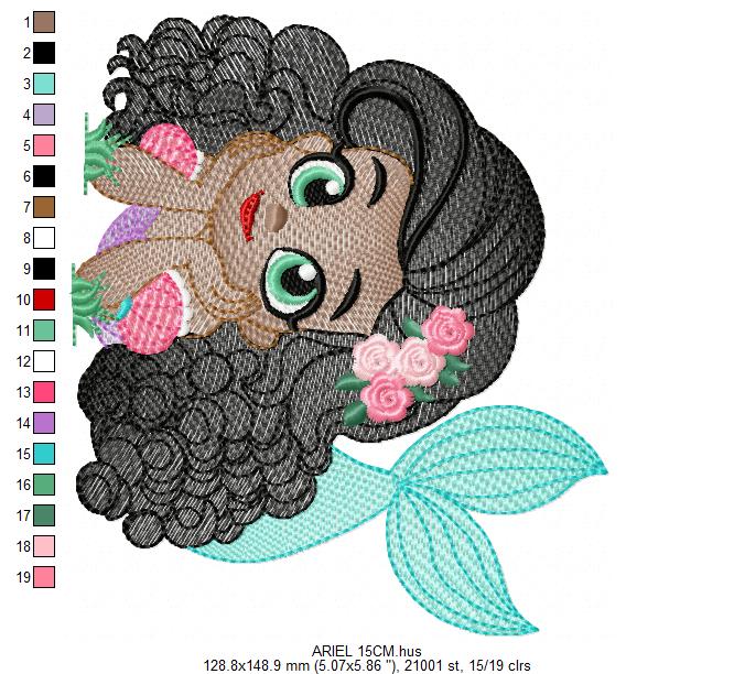 Ariel embroidery design - Disney Princess machine embroidery patterns - Baby Girl with Black Curly Hair - Instant digital download - Marcia Embroidery