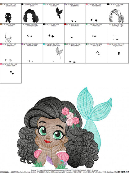 Ariel embroidery design - Disney Princess machine embroidery patterns - Baby Girl with Black Curly Hair - Instant digital download - Marcia Embroidery