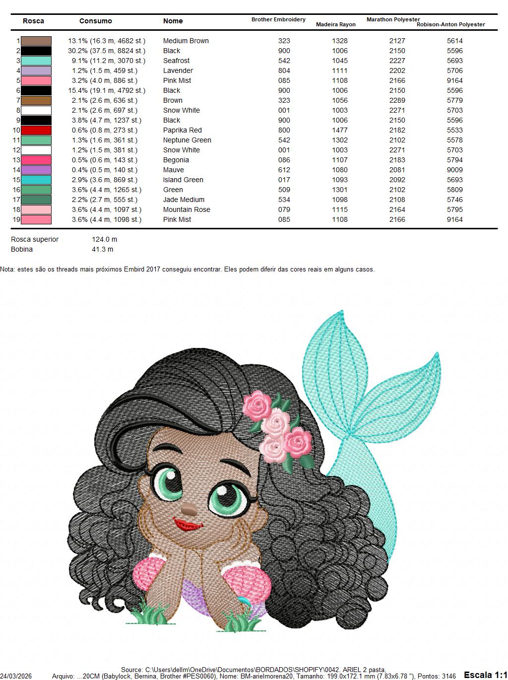 Ariel embroidery design - Disney Princess machine embroidery patterns - Baby Girl with Black Curly Hair - Instant digital download - Marcia Embroidery
