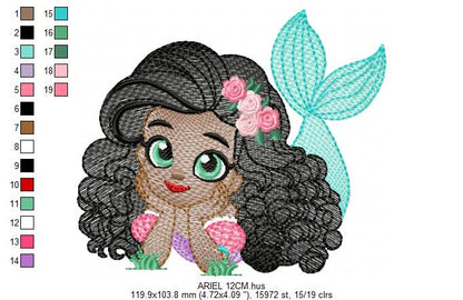 Ariel embroidery design - Disney Princess machine embroidery patterns - Baby Girl with Black Curly Hair - Instant digital download - Marcia Embroidery