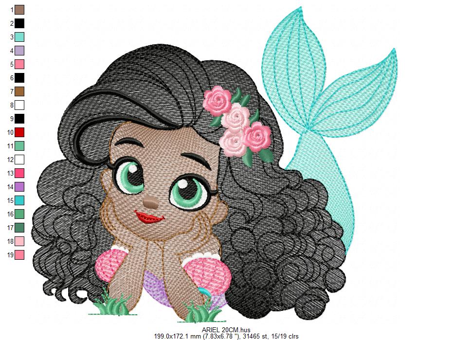 Ariel embroidery design - Disney Princess machine embroidery patterns - Baby Girl with Black Curly Hair - Instant digital download - Marcia Embroidery