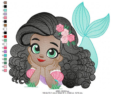 Ariel embroidery design - Disney Princess machine embroidery patterns - Baby Girl with Black Curly Hair - Instant digital download - Marcia Embroidery