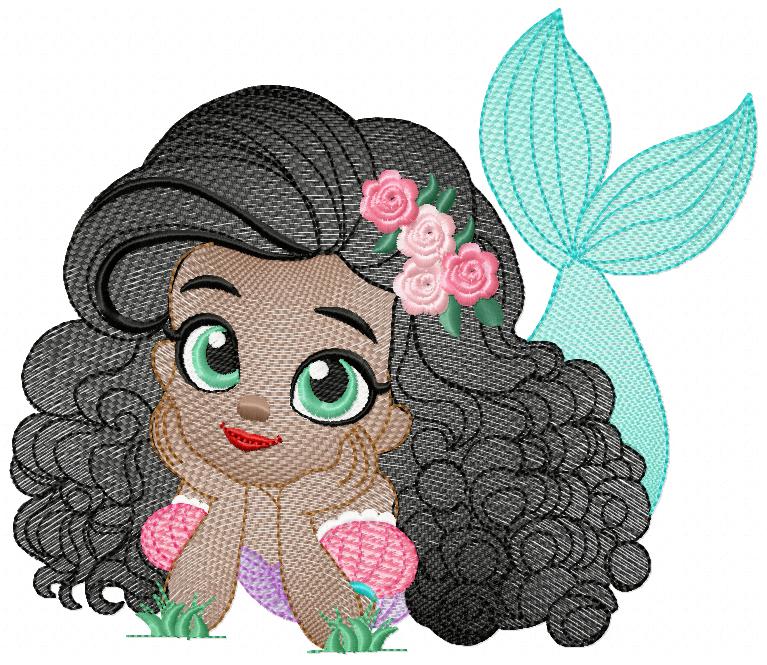 Ariel embroidery design - Disney Princess machine embroidery patterns - Baby Girl with Black Curly Hair - Instant digital download - Marcia Embroidery