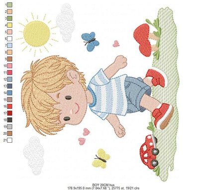 Baby Boy embroidery design - Toddler playing with toy car machine embroidery pattern - Instant digital download pes jef dst hus vp3 - Marcia Embroidery