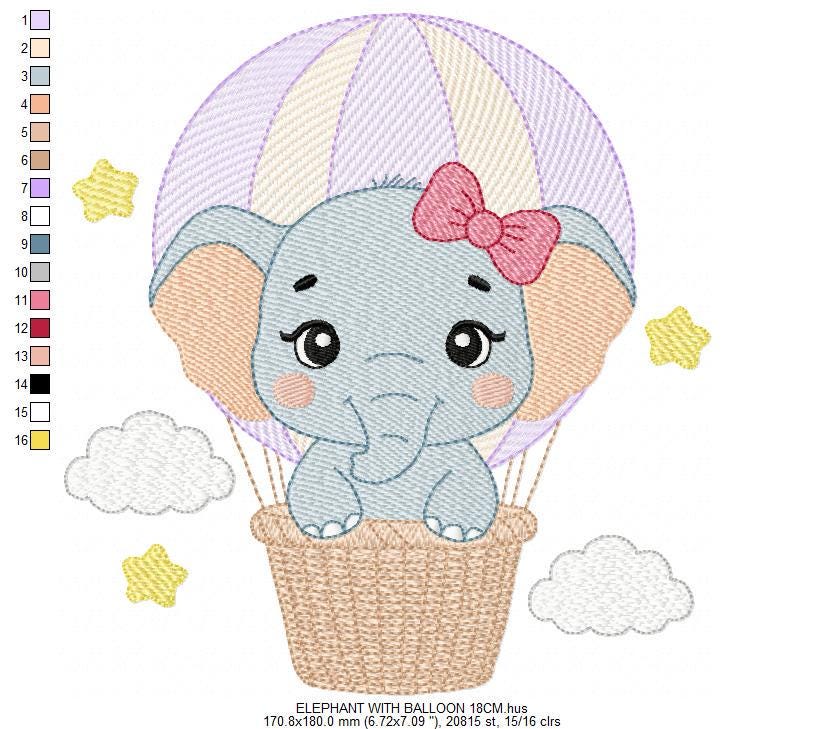 Baby Elephant with hot air balloon embroidery designs - Safari Wild Animal machine embroidery pattern - Baby girl file - Instant download - Marcia Embroidery