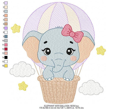 Baby Elephant with hot air balloon embroidery designs - Safari Wild Animal machine embroidery pattern - Baby girl file - Instant download - Marcia Embroidery