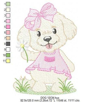 Baby Girl Dog embroidery design - Female Dog with pink dress machine embroidery pattern - Pet embroidery file - Instant digital download pes jef - Marcia Embroidery