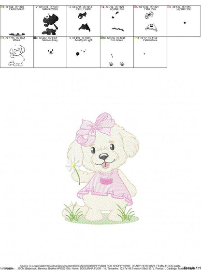 Baby Girl Dog embroidery design - Female Dog with pink dress machine embroidery pattern - Pet embroidery file - Instant digital download pes jef - Marcia Embroidery