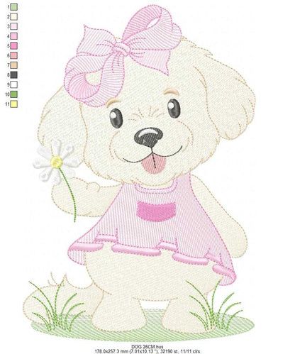 Baby Girl Dog embroidery design - Female Dog with pink dress machine embroidery pattern - Pet embroidery file - Instant digital download pes jef - Marcia Embroidery
