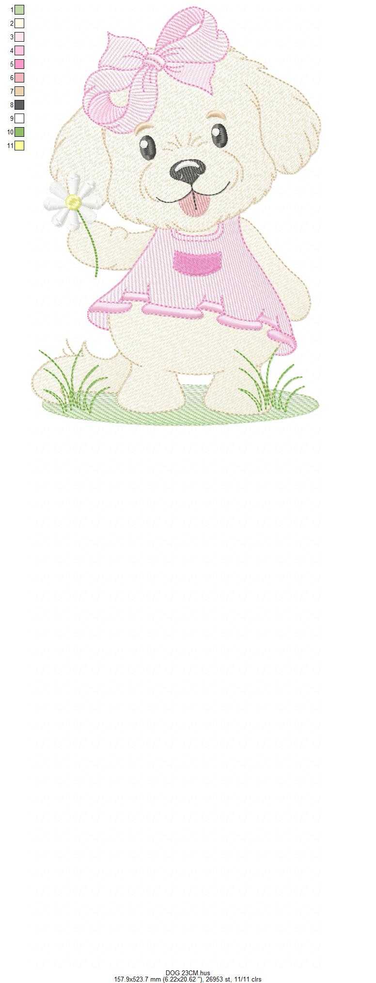 Baby Girl Dog embroidery design - Female Dog with pink dress machine embroidery pattern - Pet embroidery file - Instant digital download pes jef - Marcia Embroidery