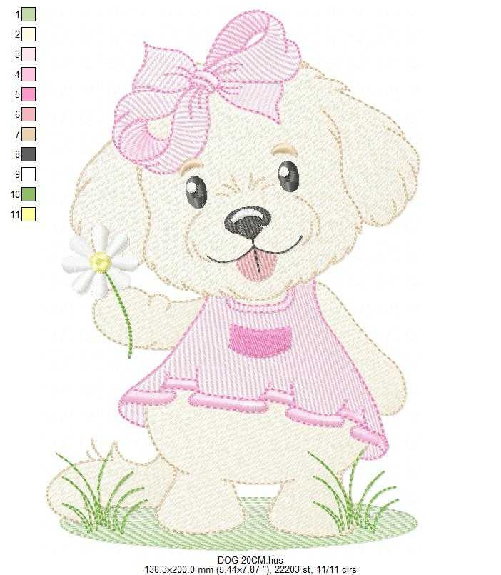 Baby Girl Dog embroidery design - Female Dog with pink dress machine embroidery pattern - Pet embroidery file - Instant digital download pes jef - Marcia Embroidery