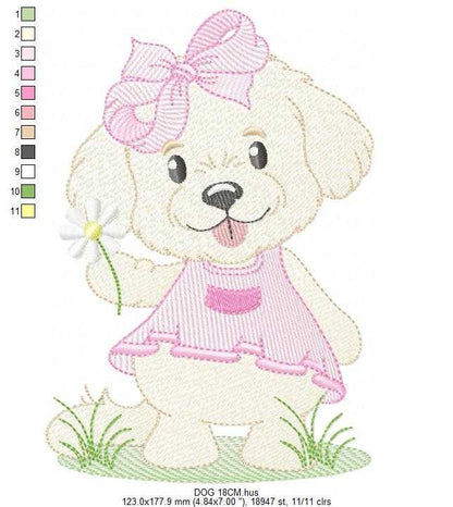 Baby Girl Dog embroidery design - Female Dog with pink dress machine embroidery pattern - Pet embroidery file - Instant digital download pes jef - Marcia Embroidery