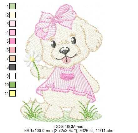 Baby Girl Dog embroidery design - Female Dog with pink dress machine embroidery pattern - Pet embroidery file - Instant digital download pes jef - Marcia Embroidery