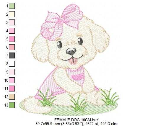 Baby Girl Dog embroidery design - Female Puppy with pink dress machine embroidery pattern - Pet embroidery file - Instant digital download pes jef - Marcia Embroidery
