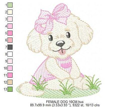 Baby Girl Dog embroidery design - Female Puppy with pink dress machine embroidery pattern - Pet embroidery file - Instant digital download pes jef - Marcia Embroidery