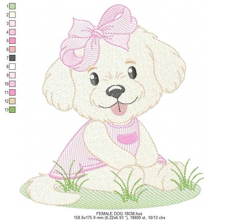Baby Girl Dog embroidery design - Female Puppy with pink dress machine embroidery pattern - Pet embroidery file - Instant digital download pes jef - Marcia Embroidery