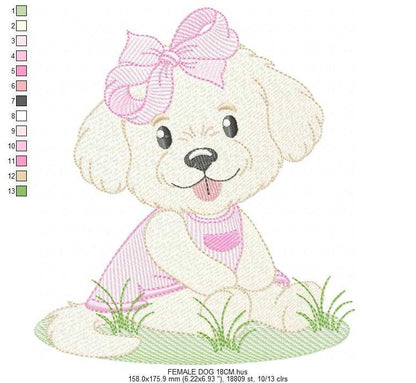 Baby Girl Dog embroidery design - Female Puppy with pink dress machine embroidery pattern - Pet embroidery file - Instant digital download pes jef - Marcia Embroidery