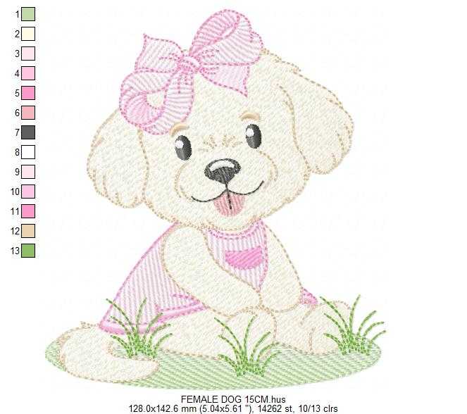 Baby Girl Dog embroidery design - Female Puppy with pink dress machine embroidery pattern - Pet embroidery file - Instant digital download pes jef - Marcia Embroidery