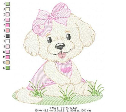 Baby Girl Dog embroidery design - Female Puppy with pink dress machine embroidery pattern - Pet embroidery file - Instant digital download pes jef - Marcia Embroidery