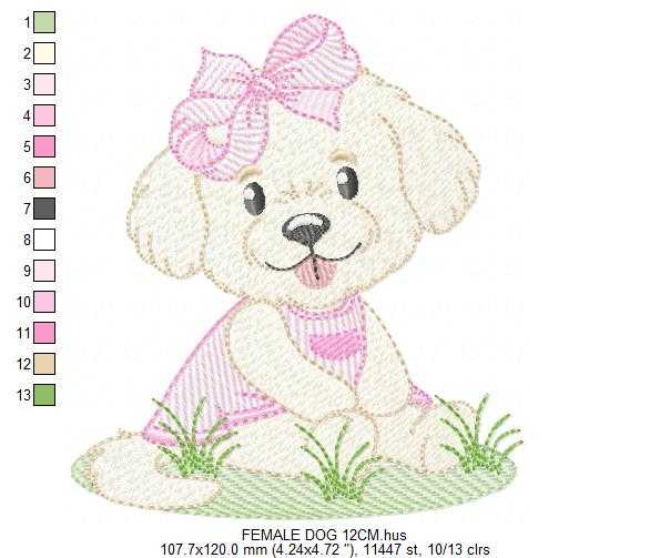 Baby Girl Dog embroidery design - Female Puppy with pink dress machine embroidery pattern - Pet embroidery file - Instant digital download pes jef - Marcia Embroidery