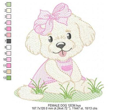 Baby Girl Dog embroidery design - Female Puppy with pink dress machine embroidery pattern - Pet embroidery file - Instant digital download pes jef - Marcia Embroidery