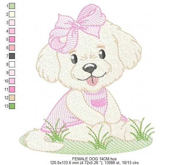 Baby Girl Dog embroidery design - Female Puppy with pink dress machine embroidery pattern - Pet embroidery file - Instant digital download pes jef - Marcia Embroidery