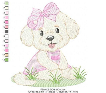 Baby Girl Dog embroidery design - Female Puppy with pink dress machine embroidery pattern - Pet embroidery file - Instant digital download pes jef - Marcia Embroidery