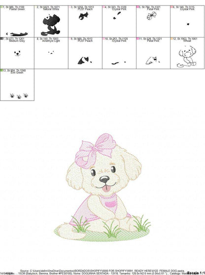 Baby Girl Dog embroidery design - Female Puppy with pink dress machine embroidery pattern - Pet embroidery file - Instant digital download pes jef - Marcia Embroidery