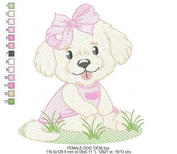 Baby Girl Dog embroidery design - Female Puppy with pink dress machine embroidery pattern - Pet embroidery file - Instant digital download pes jef - Marcia Embroidery