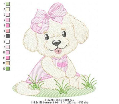 Baby Girl Dog embroidery design - Female Puppy with pink dress machine embroidery pattern - Pet embroidery file - Instant digital download pes jef - Marcia Embroidery