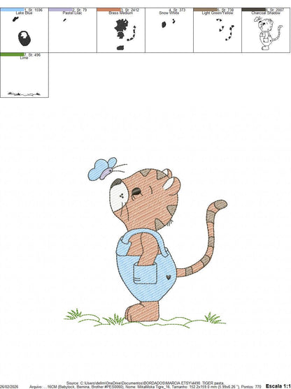Baby Tiger embroidery design - Forest Wild Animal with overall and butterfly machine embroidery pattern - Baby Boy and girl file - Instant digital download pes jef dst hus vp3 - Marcia Embroidery