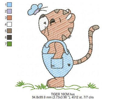 Baby Tiger embroidery design - Forest Wild Animal with overall and butterfly machine embroidery pattern - Baby Boy and girl file - Instant digital download pes jef dst hus vp3 - Marcia Embroidery