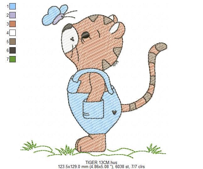 Baby Tiger embroidery design - Forest Wild Animal with overall and butterfly machine embroidery pattern - Baby Boy and girl file - Instant digital download pes jef dst hus vp3 - Marcia Embroidery