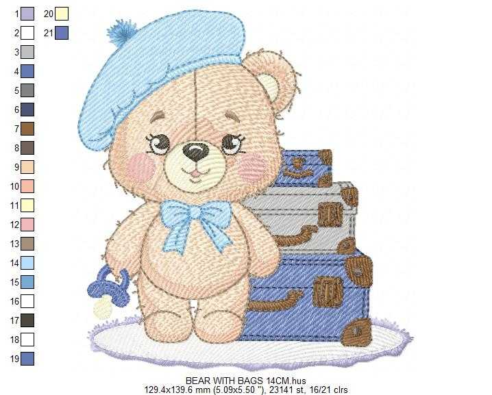 Bear with bags embroidery design - Travel Bear with suitcases machine embroidery pattern - Baby boy file - Instant digital download pes jef dst - Marcia Embroidery