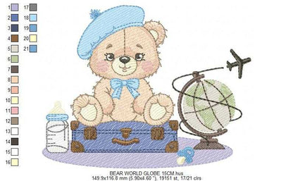 Bear with bags embroidery design - Travel Bear with suitcases machine embroidery pattern - Baby boy file - Instant digital download pes jef dst - Marcia Embroidery