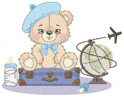 Bear with bags embroidery design - Travel Bear with suitcases machine embroidery pattern - Baby boy file - Instant digital download pes jef dst - Marcia Embroidery