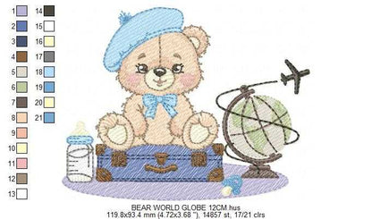 Bear with bags embroidery design - Travel Bear with suitcases machine embroidery pattern - Baby boy file - Instant digital download pes jef dst - Marcia Embroidery