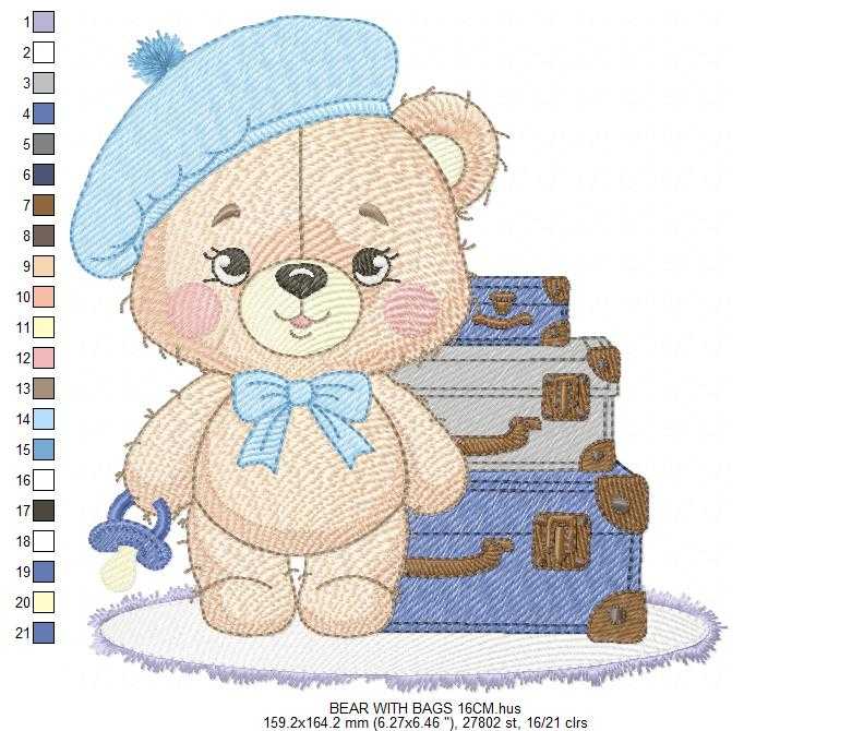 Bear with bags embroidery design - Travel Bear with suitcases machine embroidery pattern - Baby boy file - Instant digital download pes jef dst - Marcia Embroidery