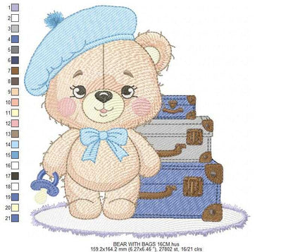 Bear with bags embroidery design - Travel Bear with suitcases machine embroidery pattern - Baby boy file - Instant digital download pes jef dst - Marcia Embroidery