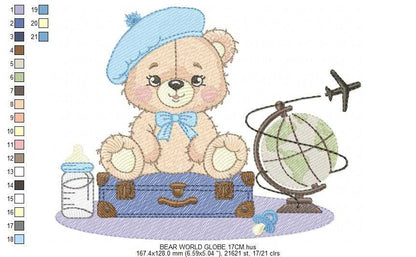 Bear with bags embroidery design - Travel Bear with suitcases machine embroidery pattern - Baby boy file - Instant digital download pes jef dst - Marcia Embroidery