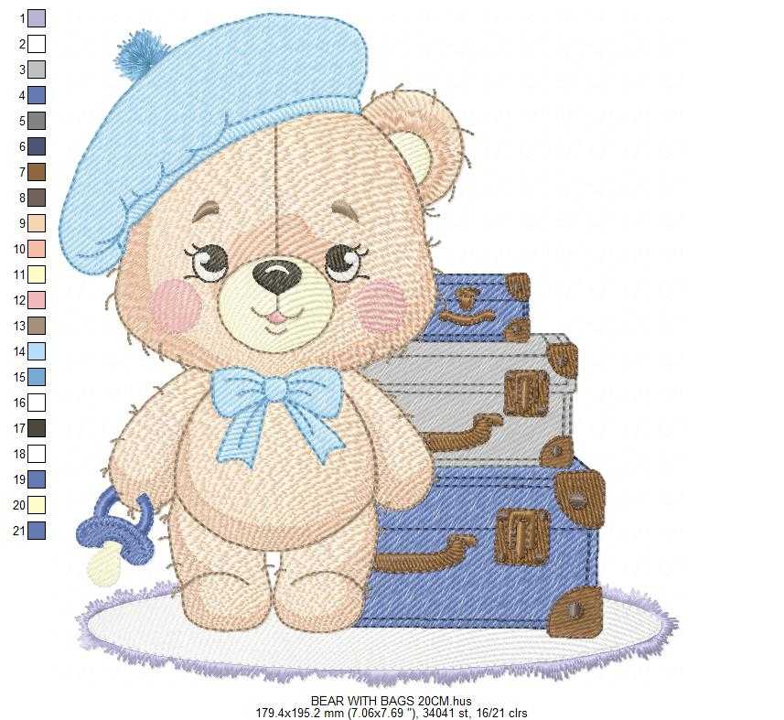 Bear with bags embroidery design - Travel Bear with suitcases machine embroidery pattern - Baby boy file - Instant digital download pes jef dst - Marcia Embroidery