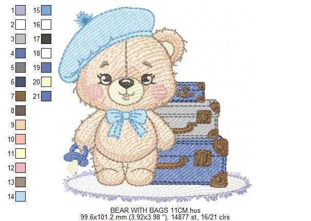 Bear with bags embroidery design - Travel Bear with suitcases machine embroidery pattern - Baby boy file - Instant digital download pes jef dst - Marcia Embroidery
