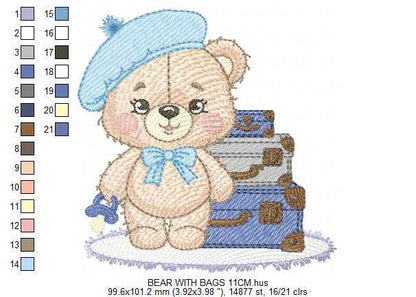Bear with bags embroidery design - Travel Bear with suitcases machine embroidery pattern - Baby boy file - Instant digital download pes jef dst - Marcia Embroidery